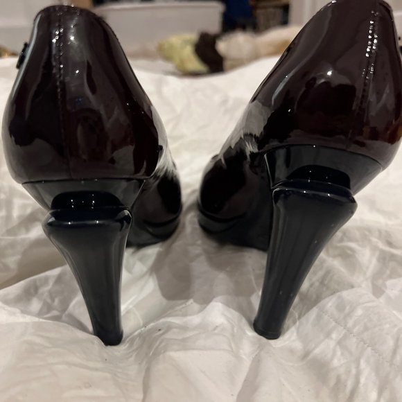 Chanel Burgundy Patent Leather With Navy Cap Toe Cut Out Heels - Picture 3 of 13